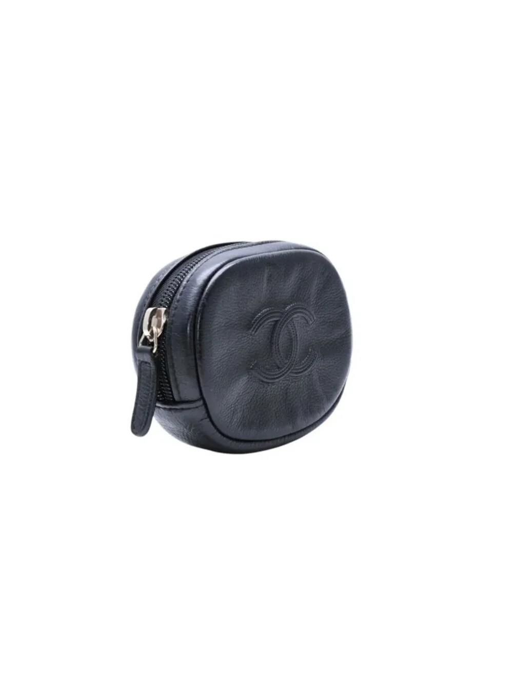 Chanel Coin Purse CC Logo Round Leather Black Gold